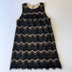 Black Lace Art Deco Shift Dress XL Nude Lined 1920s Inspired Cocktail